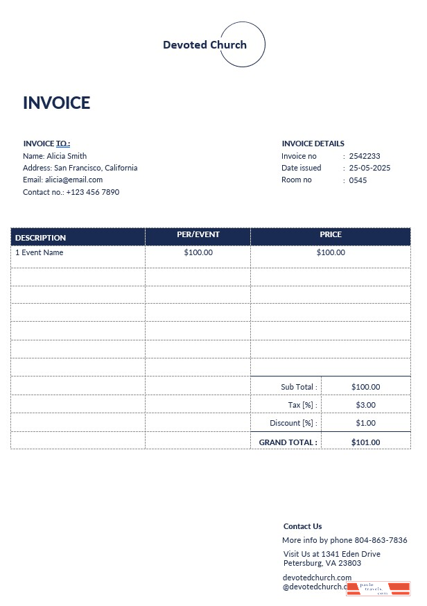 Church Service Invoice Template PSD template